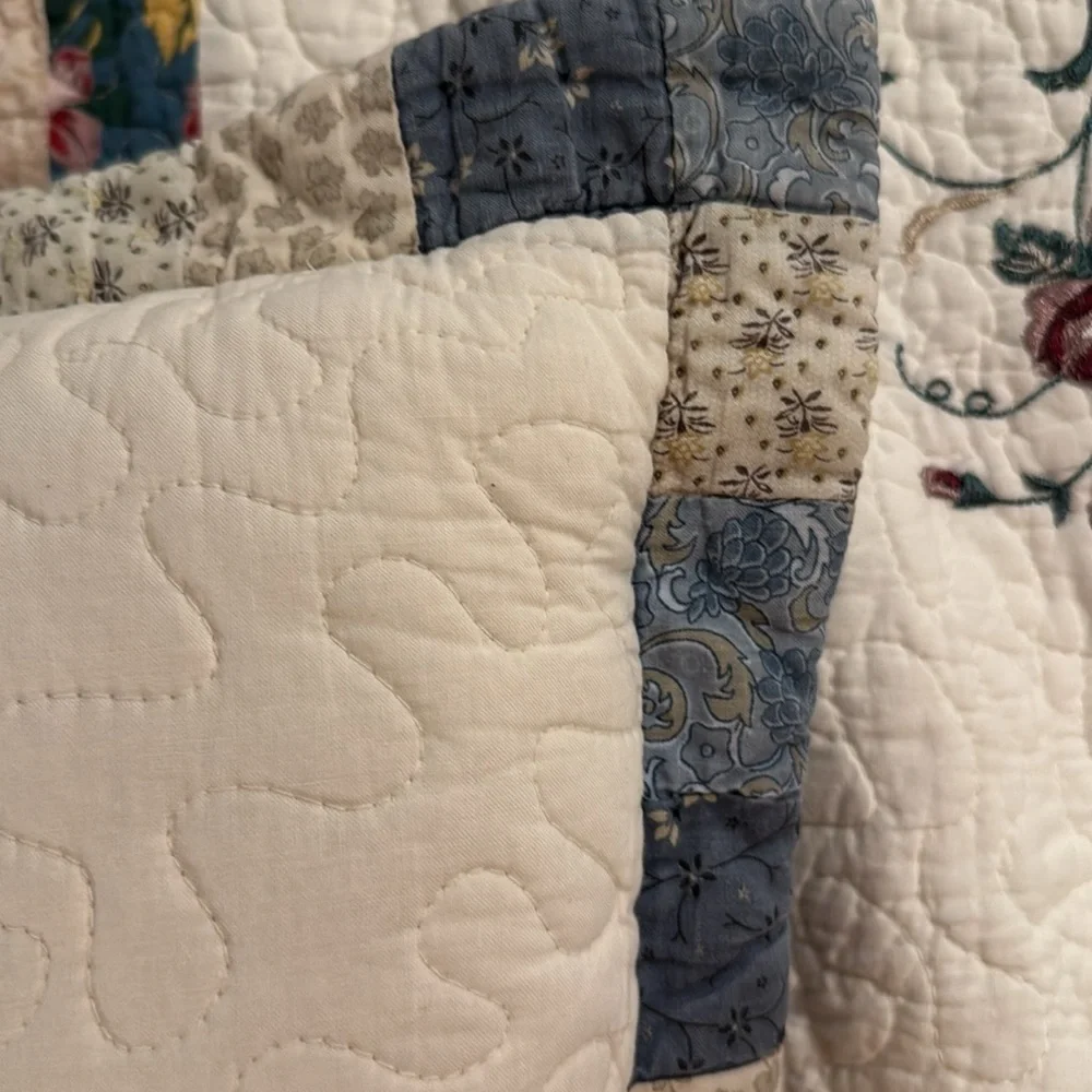 Pillows Set of 3 Cream and Blue Quilted Accent Pillows with Elegant Embroidery